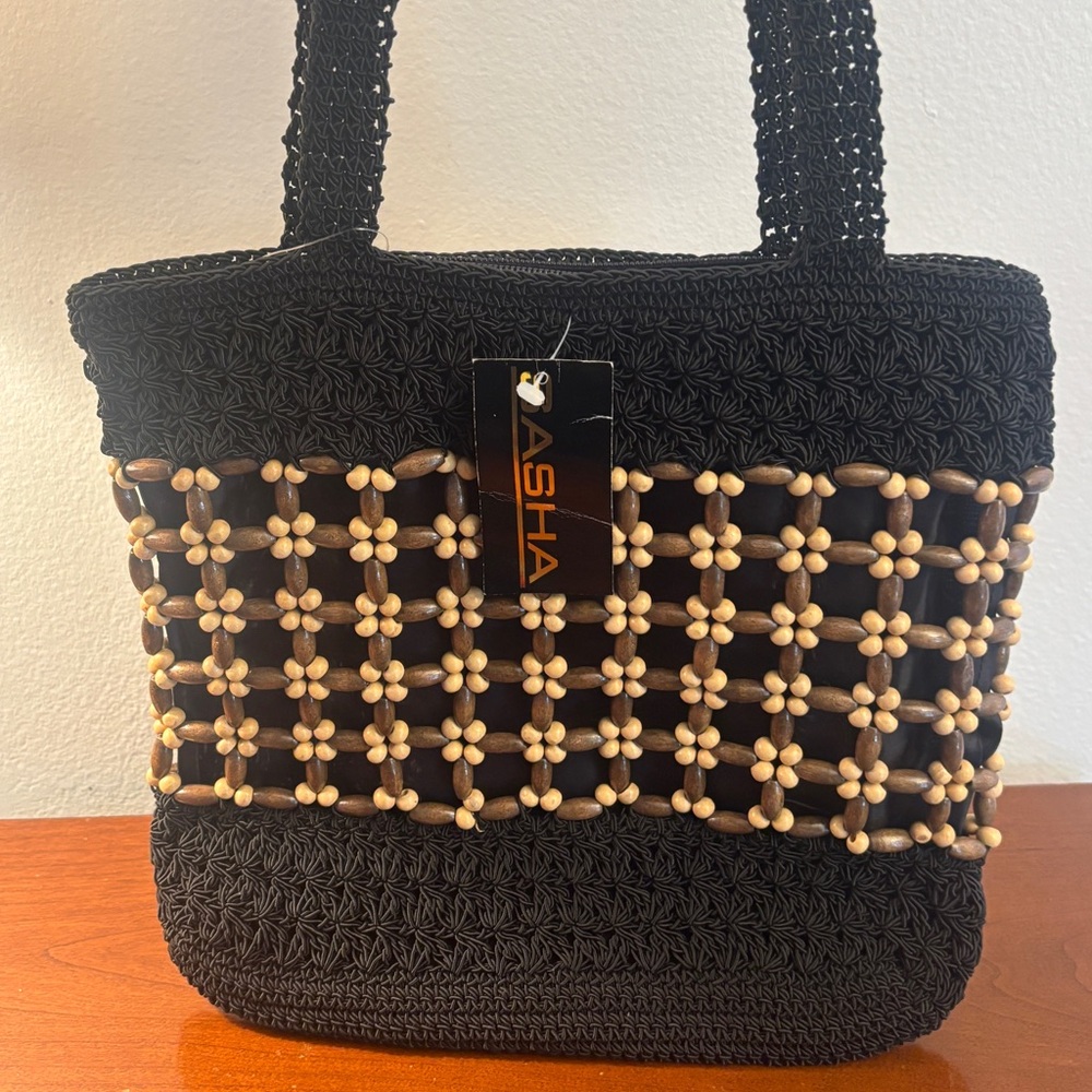 NWT SASHA Black and Tan Crochet Tote Bag